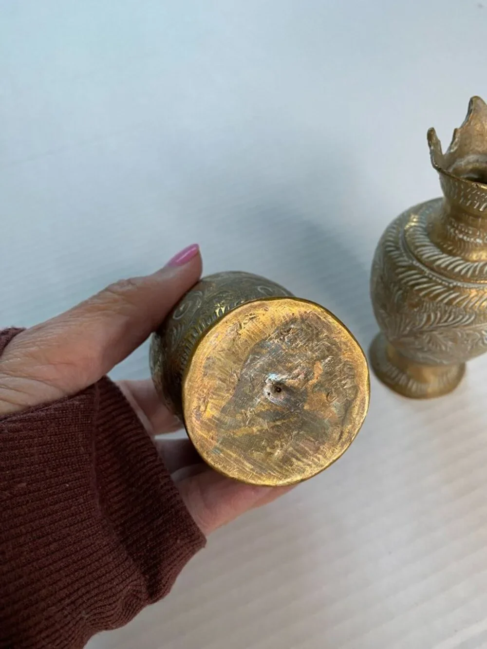 Vintage Brass Bud Vases Set of 2 Etched Floral Indian Vase Small Decorative Pair